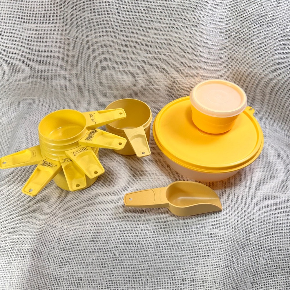 Vintage Tupperware Harvest Yellow Measuring Cups Scoop and Lidded Bowls Set